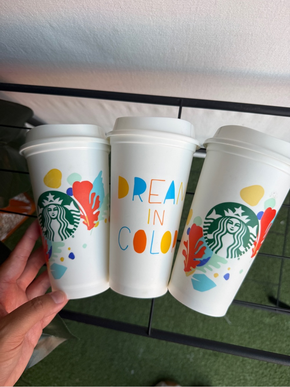 Starbucks Set of 3 White Plastic Reusable Cups with Bright Multicolor Graphics